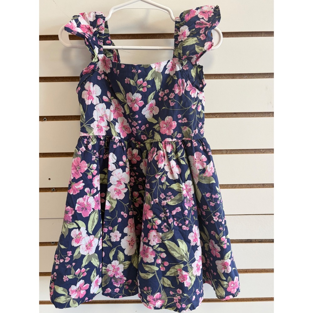 Janie and Jack Girls Navy Pink Floral Ruffle Strap Cutout Back Dress Size 3